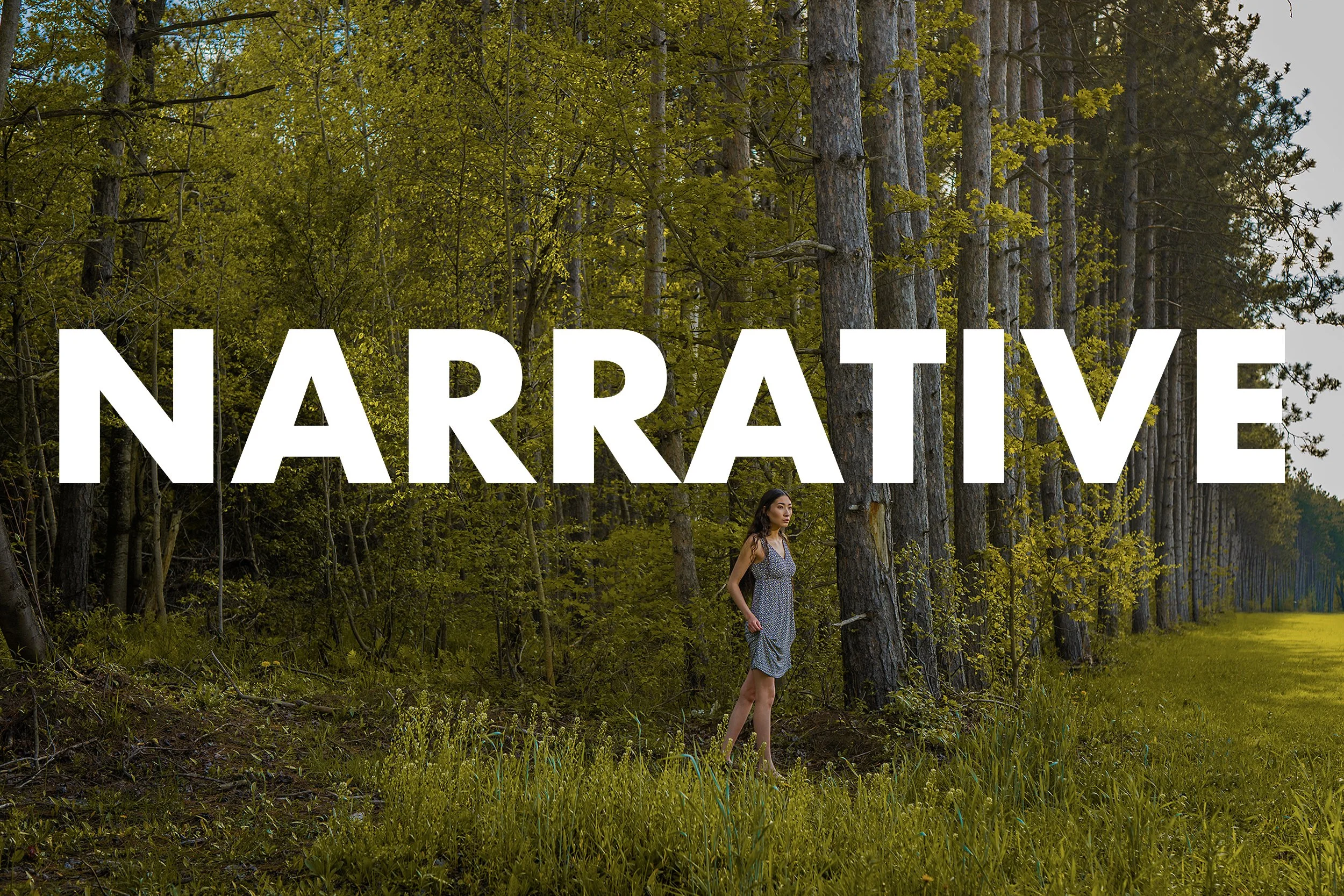 A woman standing in the woods near a lake with a large white text overlay that says 'NARRATIVE'.