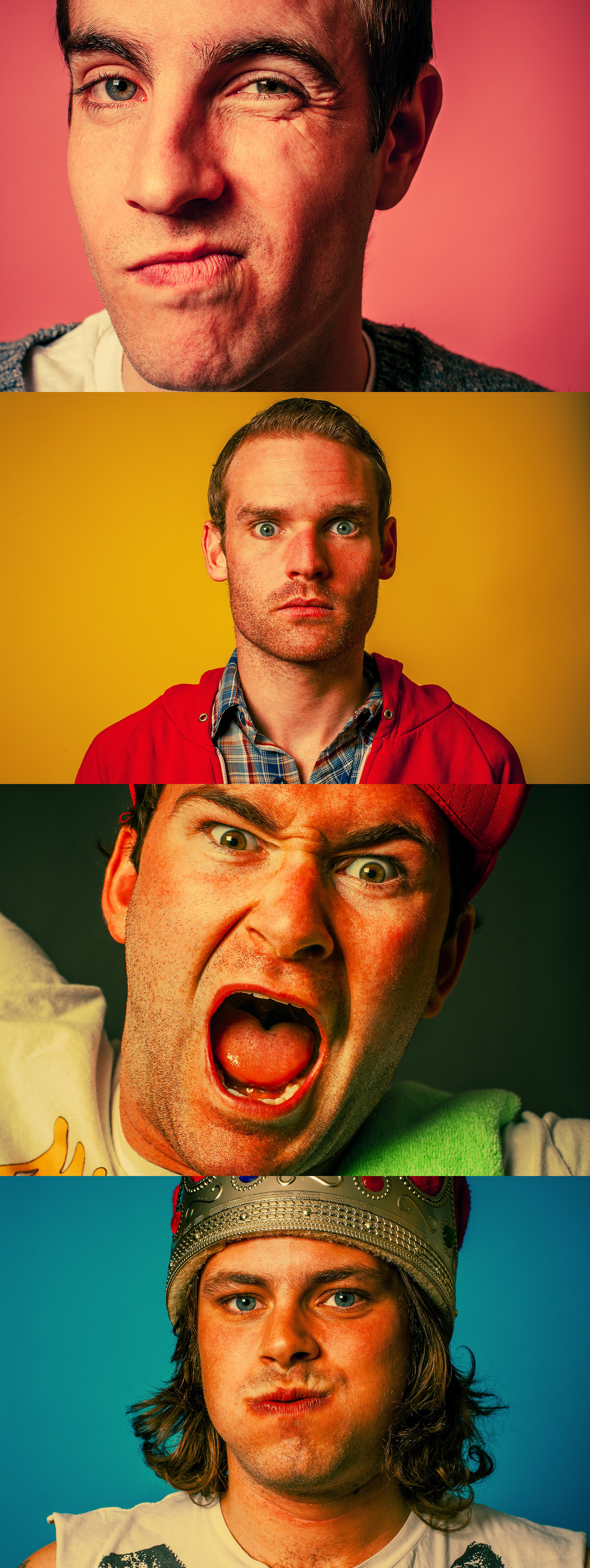 Four portraits of different men with varied expressions, from a sly smile to an angry yell, each set against brightly colored backgrounds.
