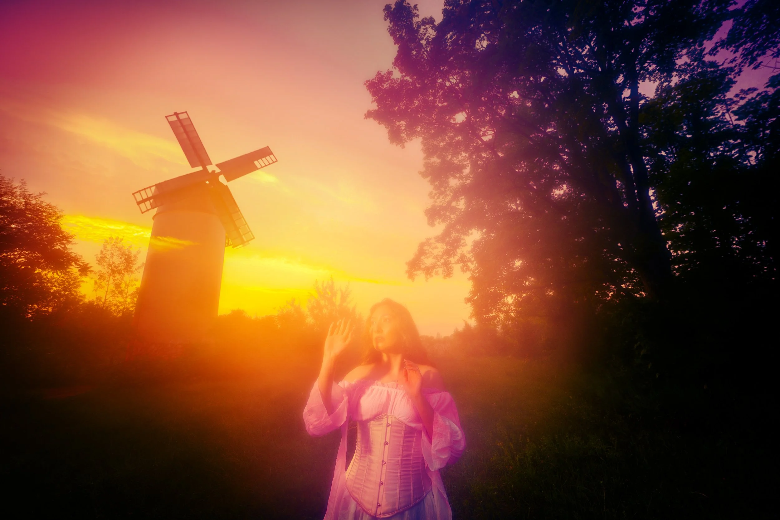 A young woman in a pink wardrobe with a sunset in the background, among trees and a windmill.