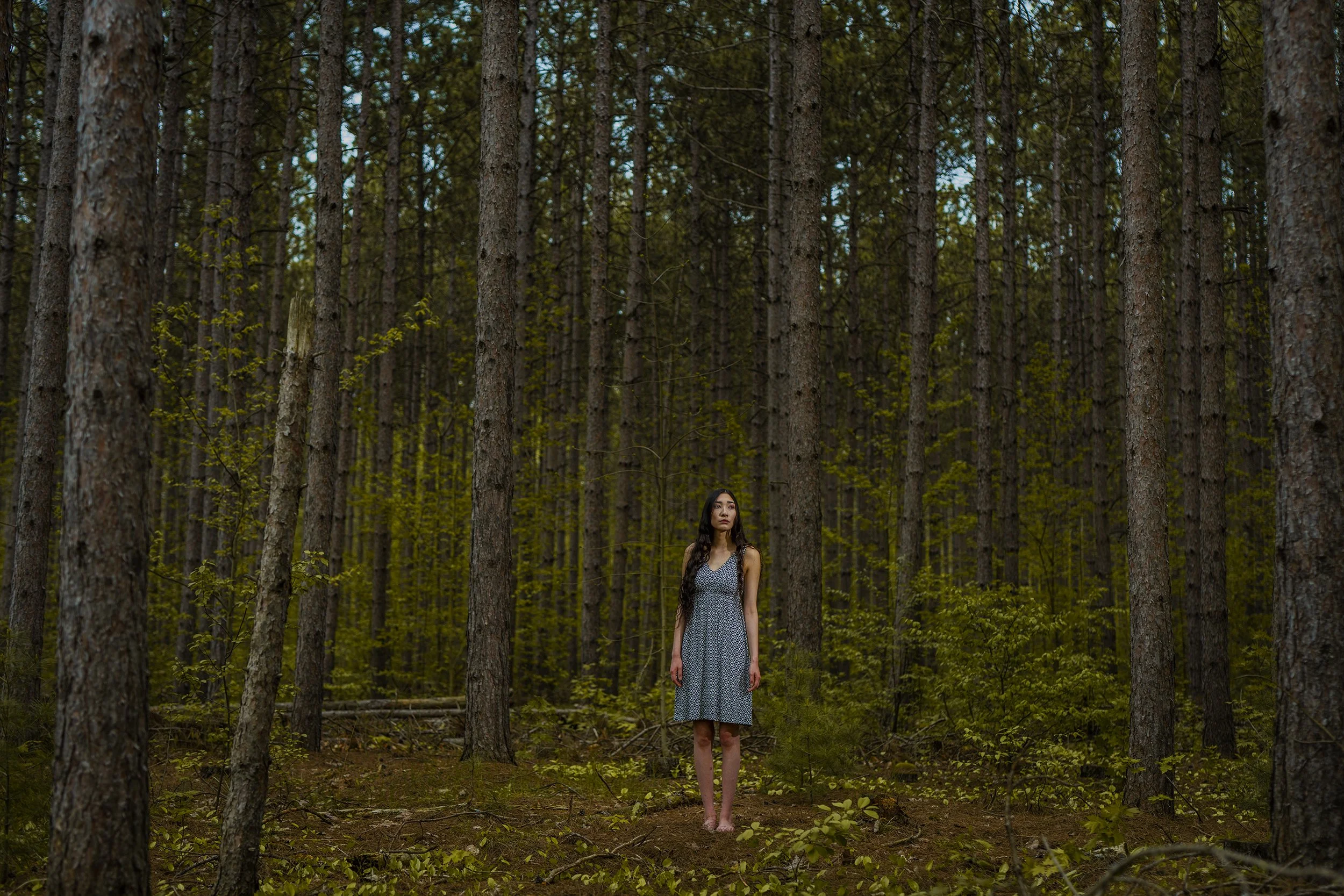 A woman in a blue patterned dress standing barefoot in a forest with tall trees.