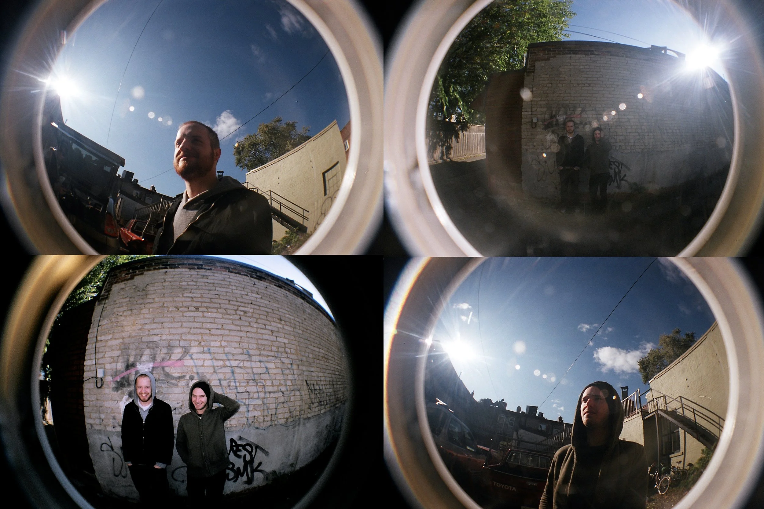 A collage of four photos taken through a kaleidoscope. The first photo shows a man with a beard smiling with a blue sky and sun in the background. The second photo shows two people standing in front of a graffiti-covered brick wall with sunlight shin