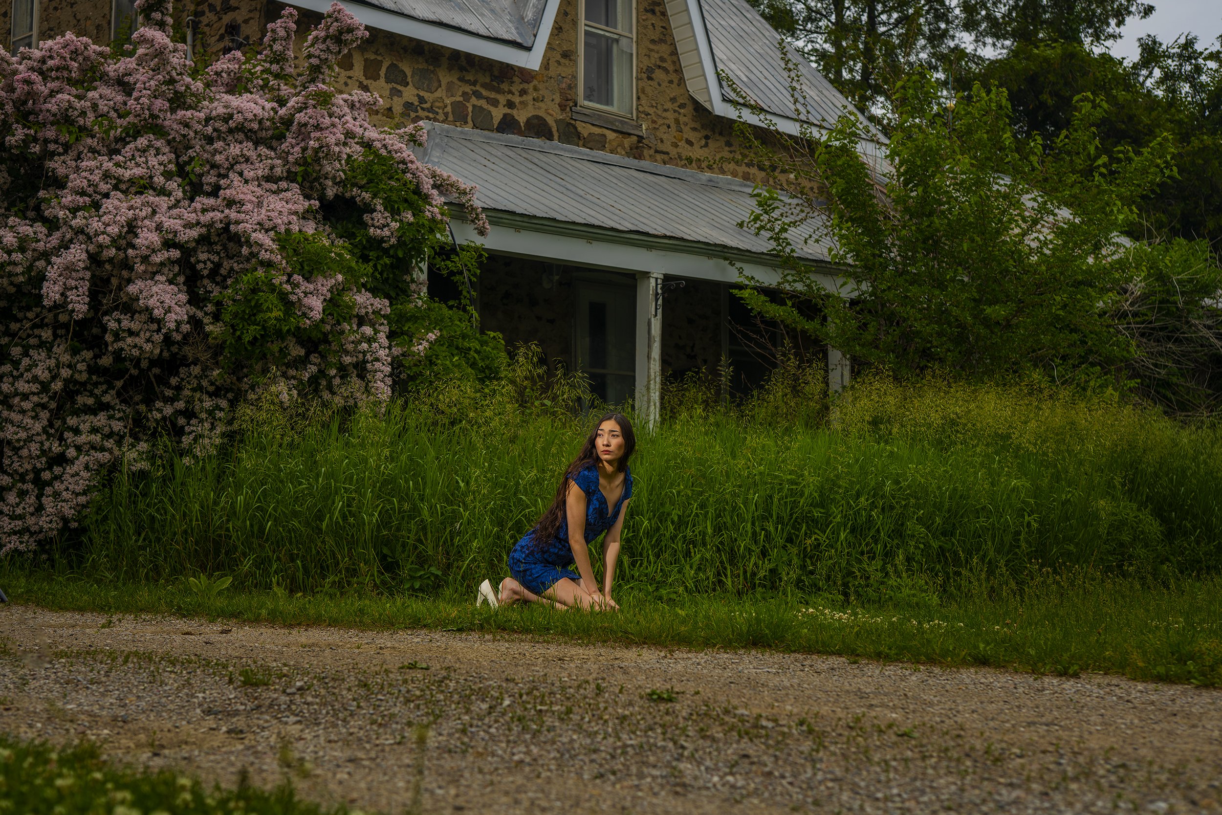 A woman in a blue dress kneeling in tall grass in front of an old house with stone walls, surrounded by pink flowering bushes and green trees.