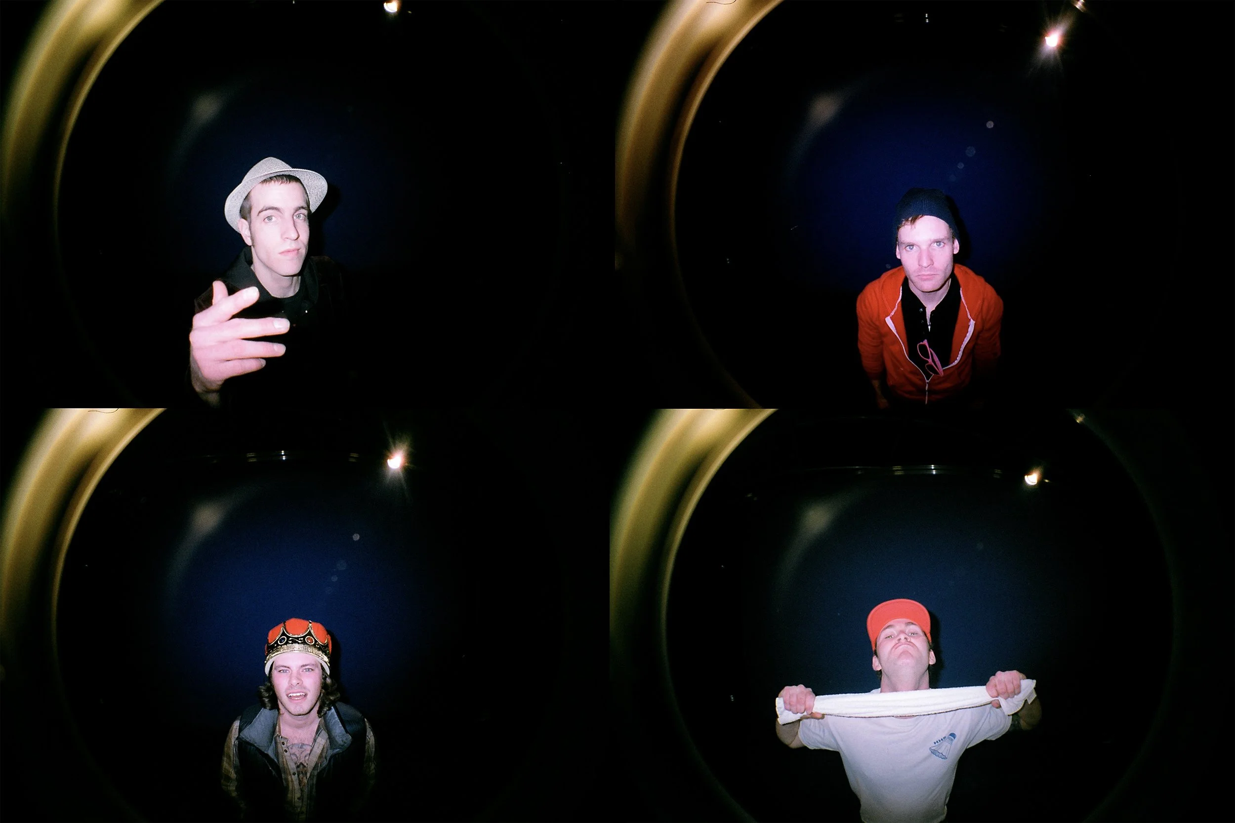 A collage of four individuals taken with a fisheye lens, each in a different pose and expression, against a dark background with colorful lighting.