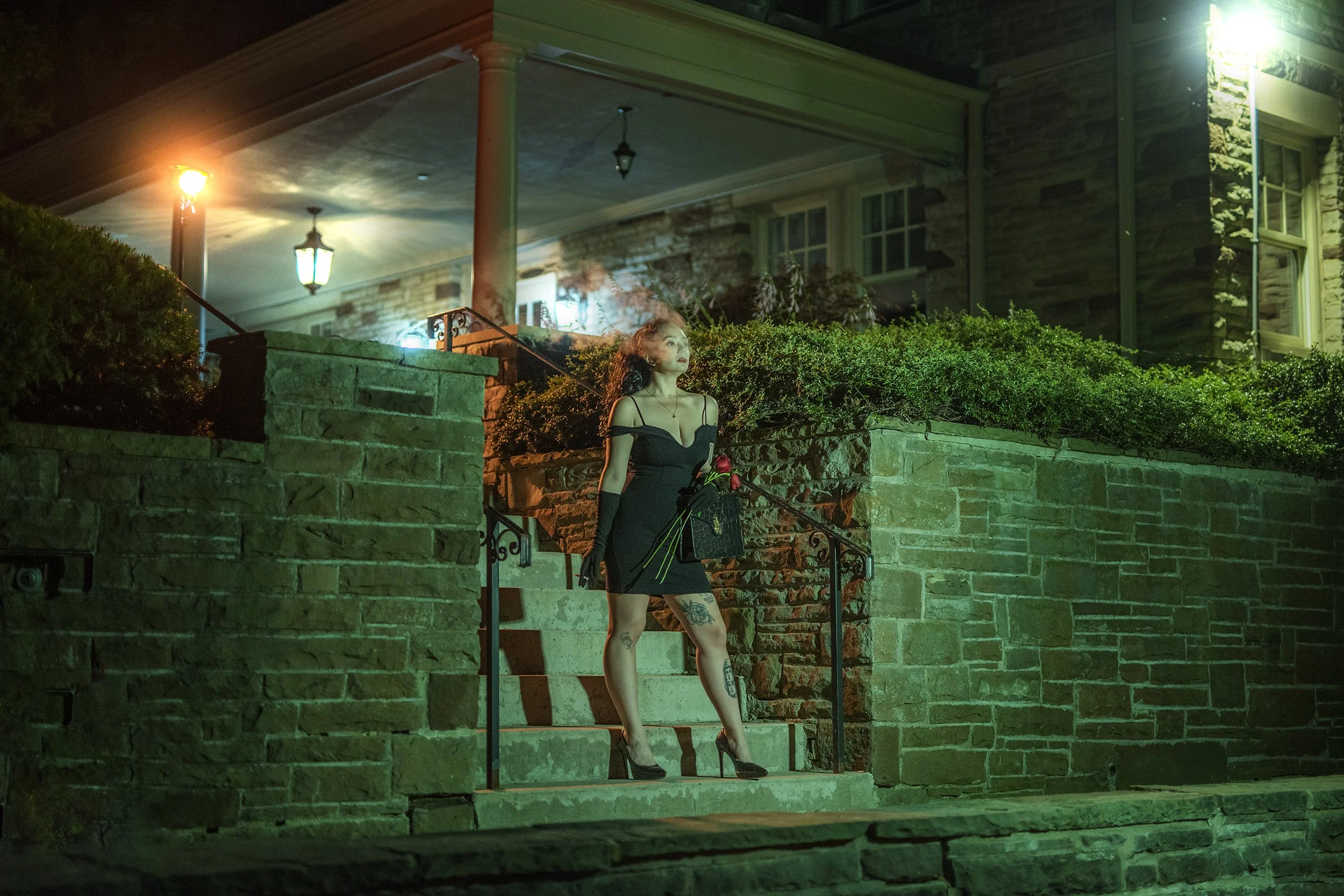 A woman standing on the steps of a house at night, holding flowers and a black bag, wearing a black dress and high heels, with tattoos visible on her legs. The house is lit with outdoor lights, and bushes surround the steps.
