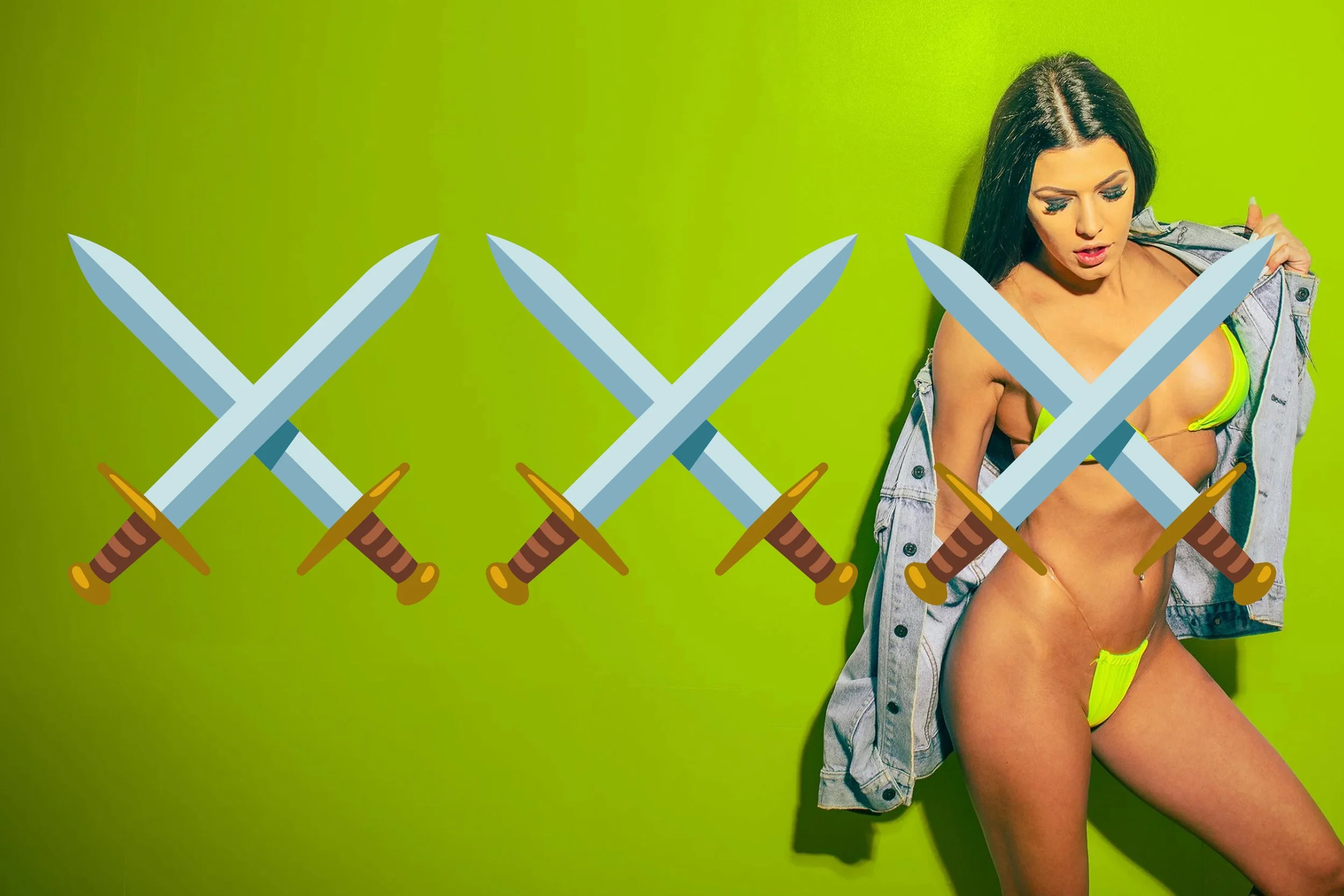 A woman in yellow lingerie and a denim jacket sitting against a bright green wall, with animated swords crossed in front of her.