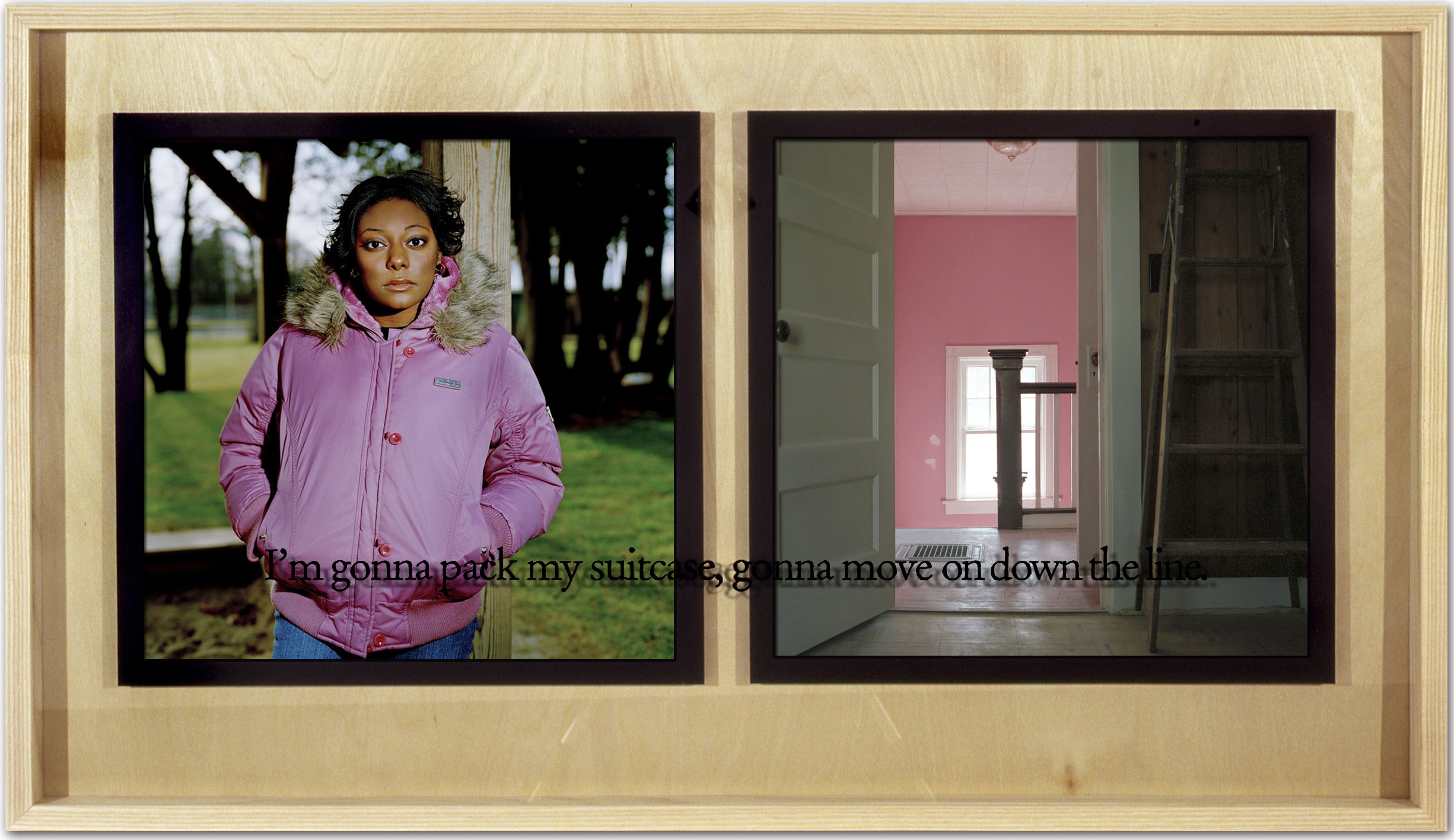 I’m gonna pack my suitcase, gonna move on down the line. UltraChrome prints from color negatives in hardwood boxes with silk screened glass Spring 2007, 40” x 23”