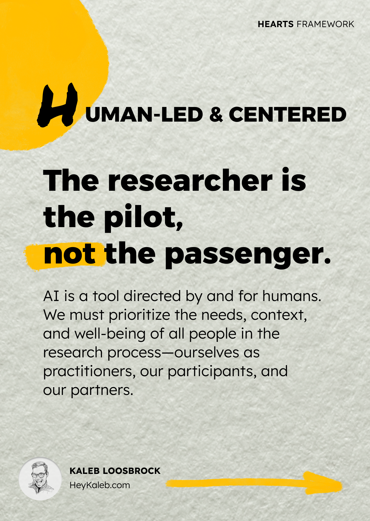 HEARTS Framework, H — Human-Led & Centered: the researcher is the pilot, not the passenger