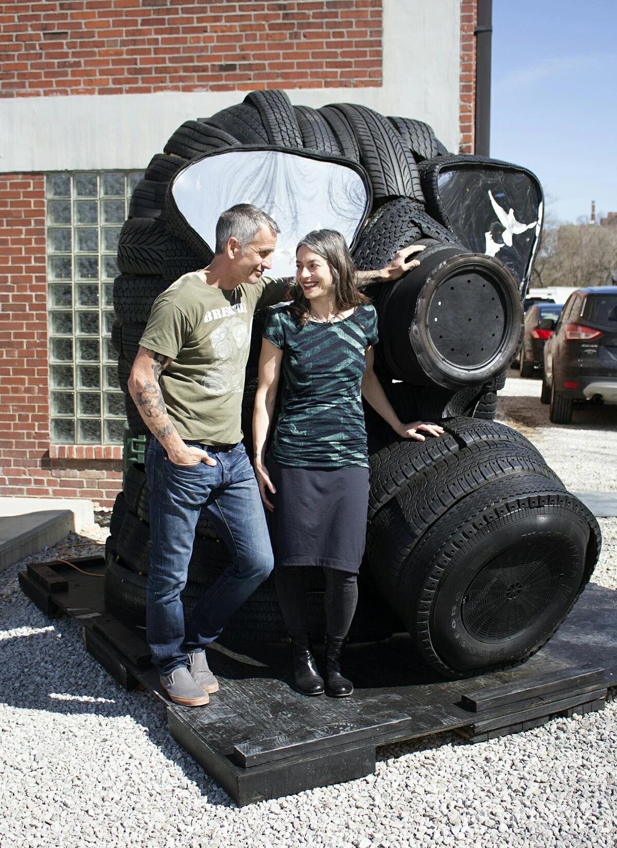 BREATHE gas mask sculpture, artists portrait