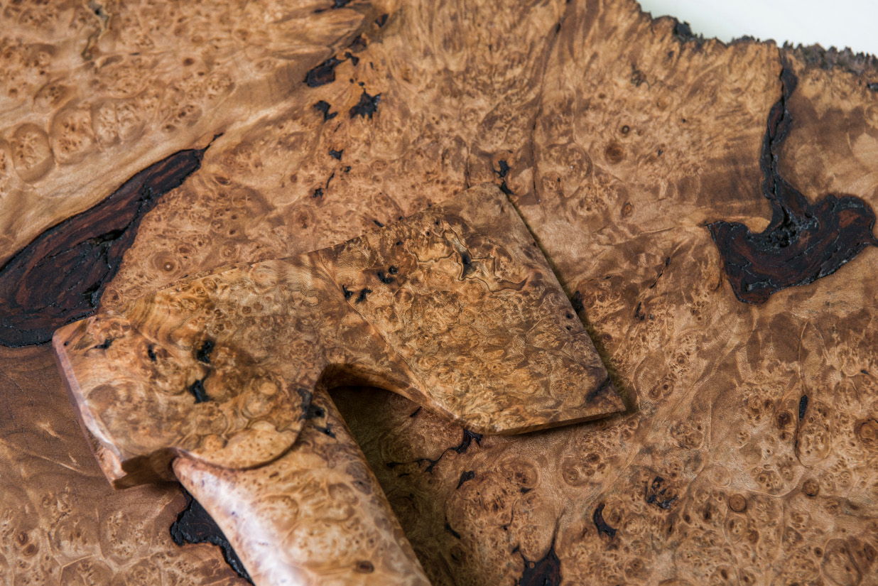   April 8th   Material: Maple Burl Wood  Year: 2014  Dimensions: 39 in. x 18 1/2 in. x 2 in.    