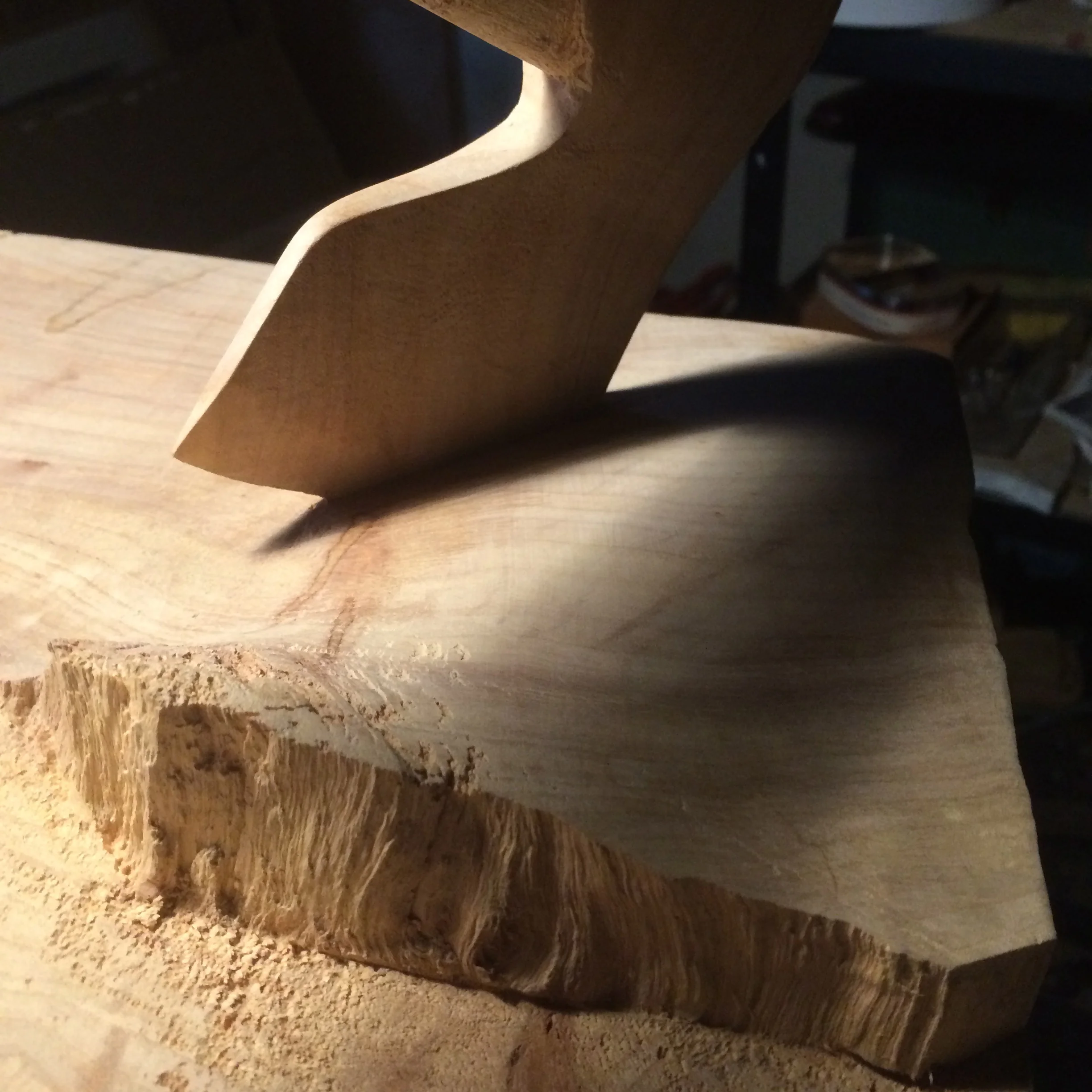 I’ve been trying to move on from using tools as subject matter, but it is like my shadow, I can’t escape it. This sculpture I just finished. Here it is in process. The axe and stump that it is lodged into are all one. I like it because the axe is now activated in the base of the work, which feels like a new level.