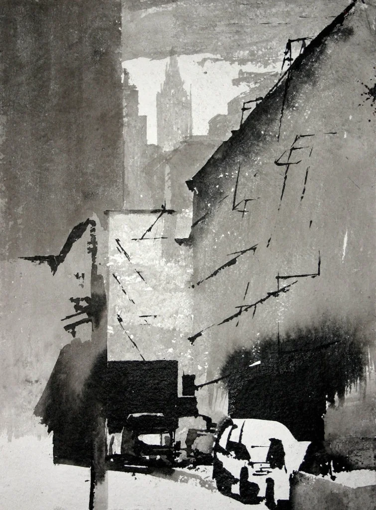 I lived in New York City from 1998 to 2003. During this time period, I created thousands of ink wash paintings. I used mostly fan brushes, Japanese Sumi ink, water and torn edged paper. Manhattan, with its light and grit was my studio and subject matter. 