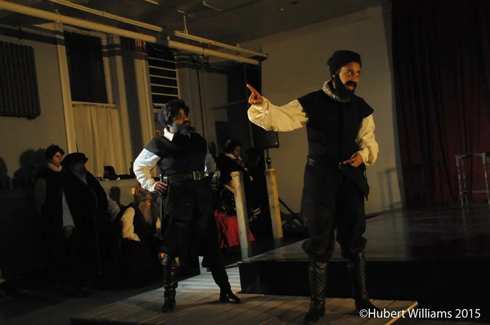 A bearded Liz Morgan performing in HSF's all-female Othello directed by Tony-winner Trezana Beverley