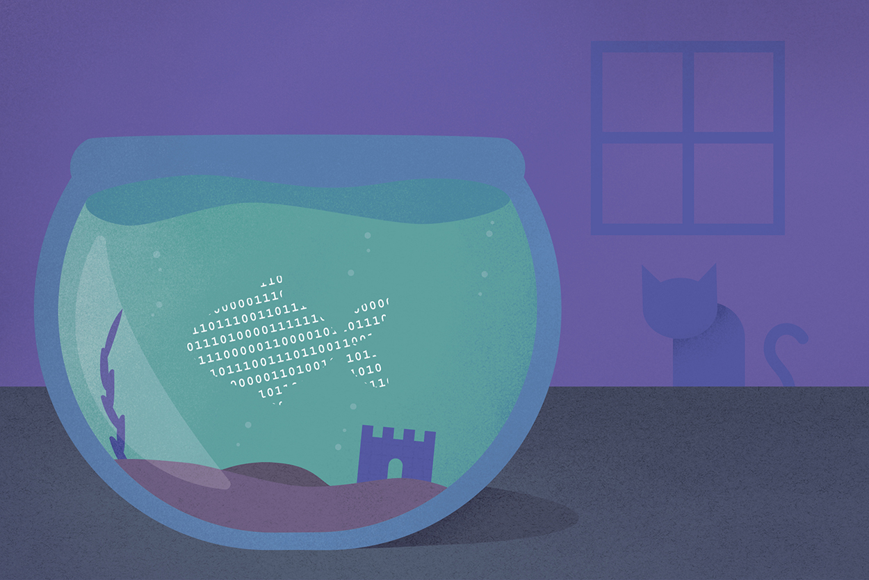 Mock editorial illustration for a news article on robot pet fish. Link to article
