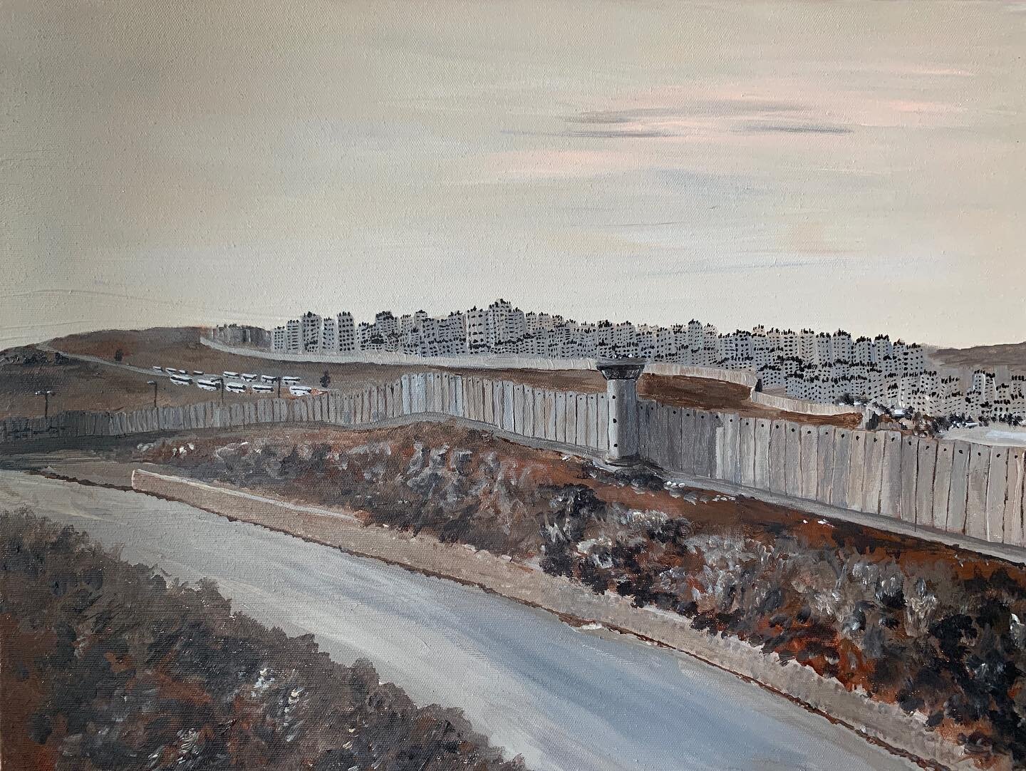 separation barrier by qalandiya checkpoint in east jerusalem. acrylic on canvas, 2021