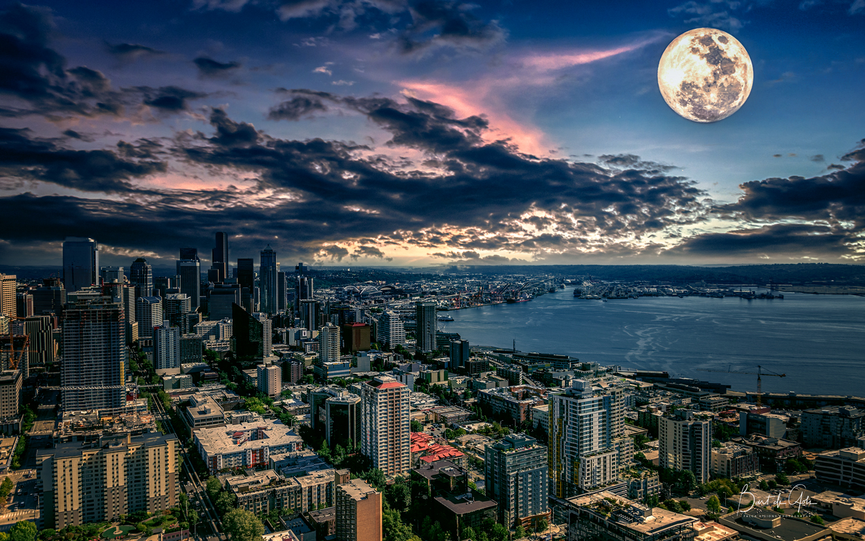 Seattle Under Full Moon Light - Blended image of Foreground and moon