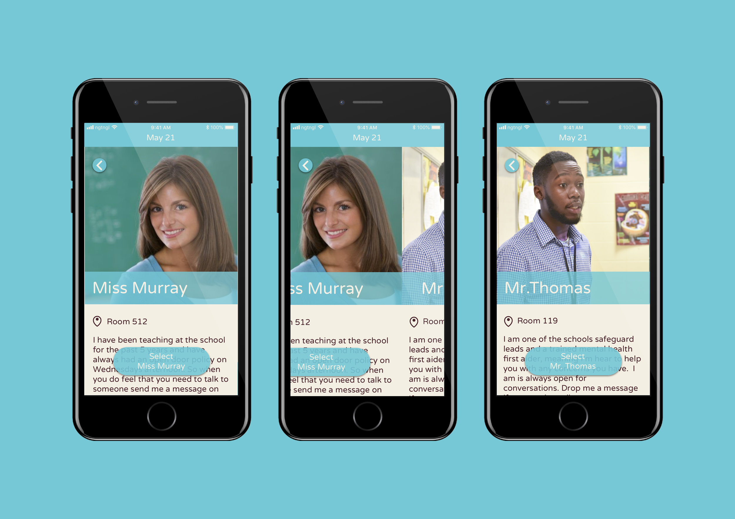 Students are able to choose which member of the safeguard team they would like to send their entry to by swiping through profiles. Research indicated students knew there was a safeguard at school but didn’t know what they looked like or what room they were in. Each profile includes an image, room number and a short description of the safeguard and what they specialise in.