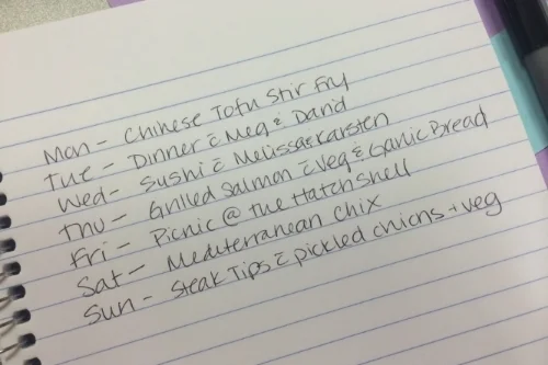 Write a list of the week's nightly plans to get an idea of how many meals you should plan ahead of time. 