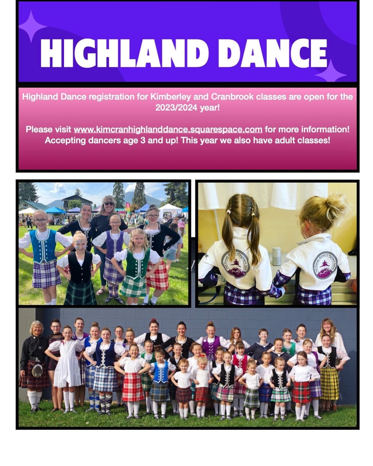 Registration for the 2023/2024 year is open!! www.kimcranhighlanddance.square space.net for more information! Wanting to try a highland dance class??? Wednesday September 13 from 5:00-6:00pm come out to try a highland class for free! Please email Mis