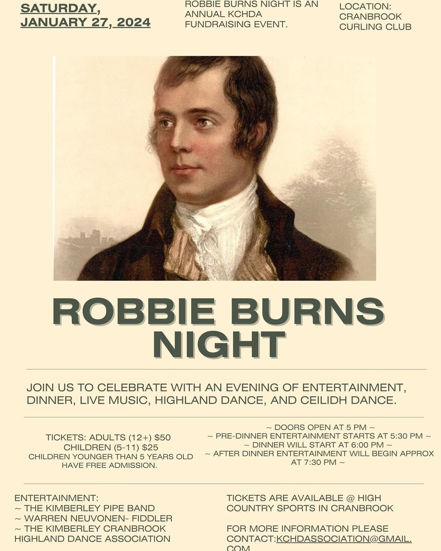 Tickets are now available @highcountrysports in Cranbrook for our annual Robbie Burns night Fundraiser! There are only a limited amount of tickets available, get them while you can!