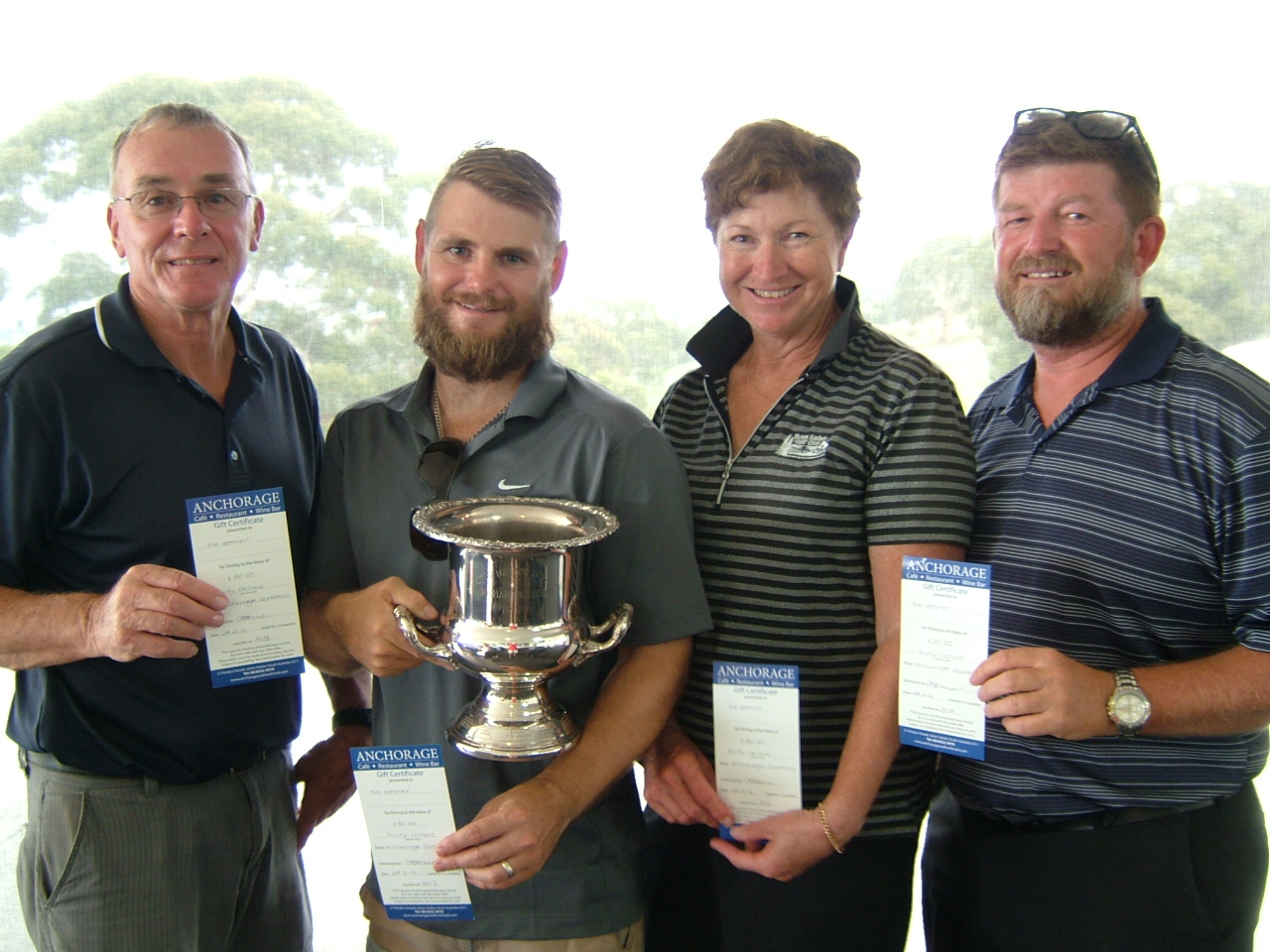 2016 Winners of the "Richard W. Ambrose Trophy" with a Nett Score of 55.375 L-R Bruce WATKINS, Grant O’ Neill, Joanne WATKINS, Geoff JONES