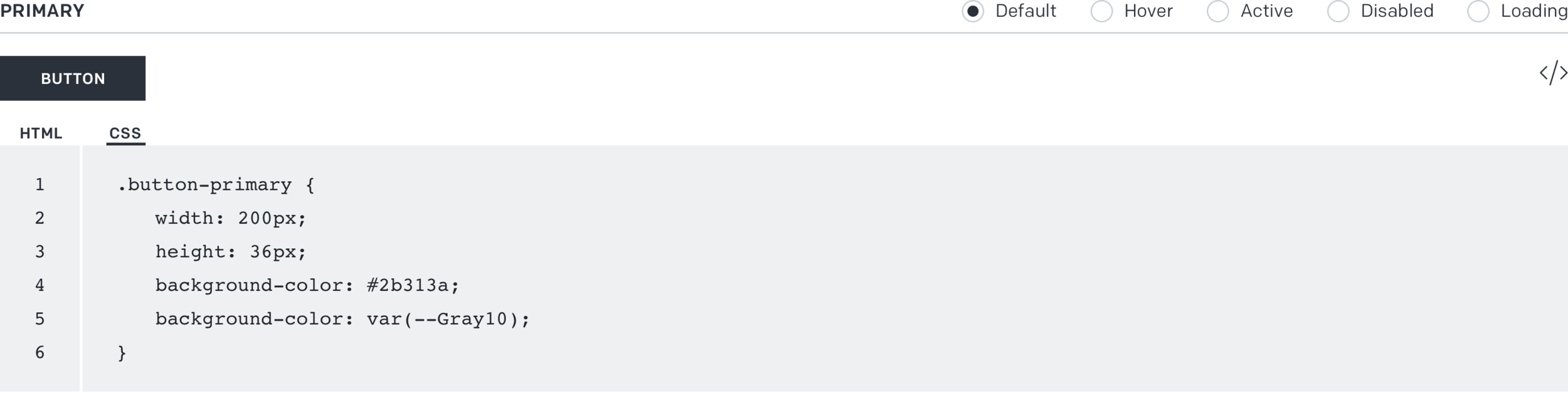 Each component has a live preview, with its different states and HTML/CSS/JS toggles for developers
