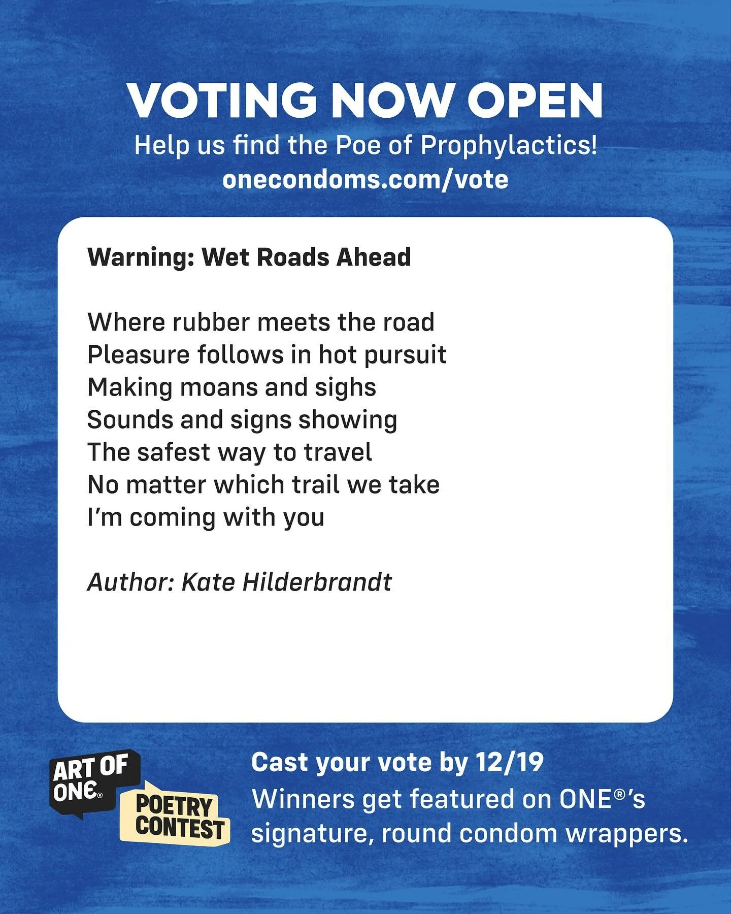 I&rsquo;m a finalist! You never know where poetry will take you! I am a big fan of access to safer sex for everyone so I decided to enter my poetry in the @onecondoms wrapper poetry contest and now I&rsquo;m a finalist!!! 

But I need your help to vo