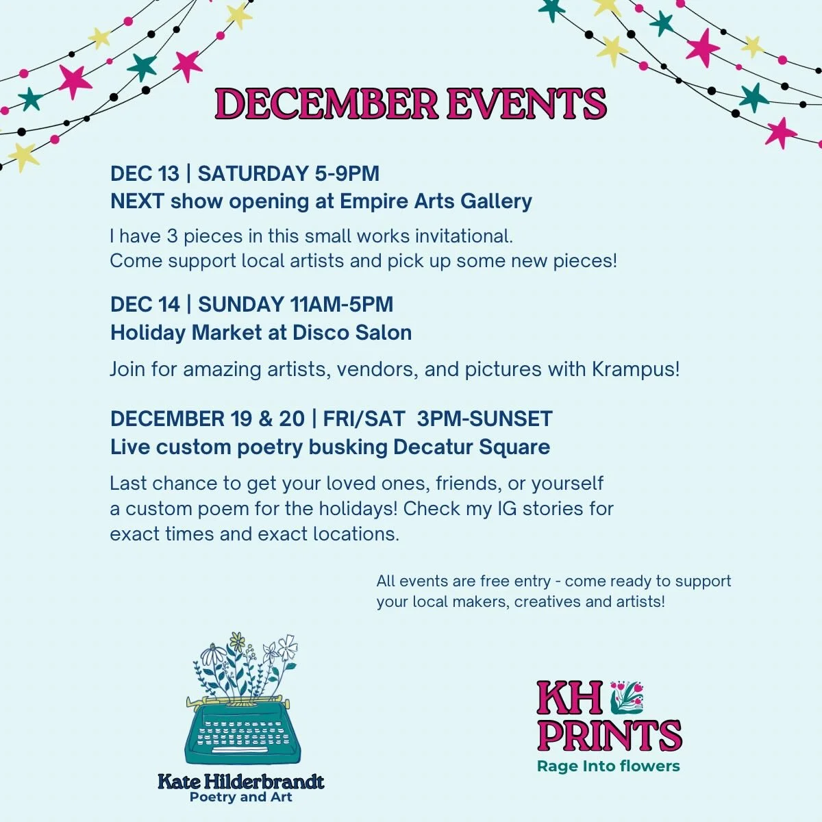 Time to get your loved ones that special gift! A custom poem written just for them? A piece of art they&rsquo;ll love looking at every day? Buy gifts with care from artists and small businesses who put care into everything they create! 

Last call fo