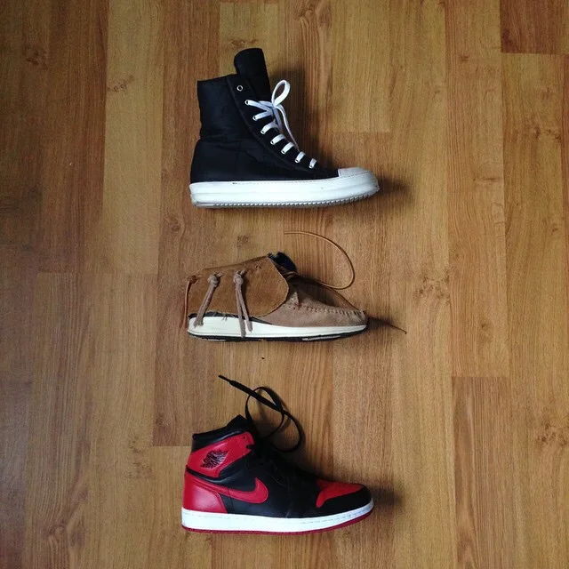 @imjvii with a great example of a sneaker rotation. Rick Owens, Visvim, Jordan Bred 1s.