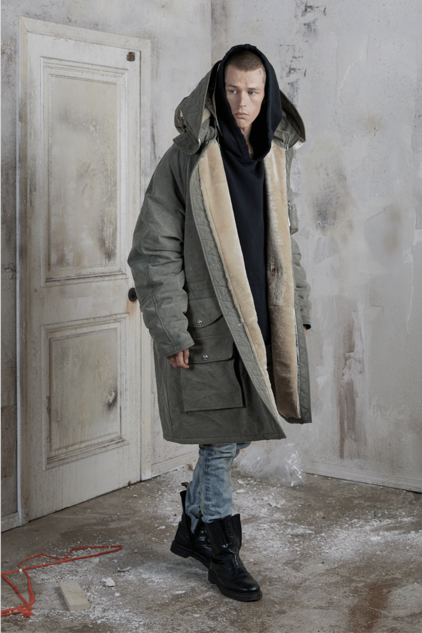 WWII Trench Jacket, reclaimed military tent fabric, sherpa lined.