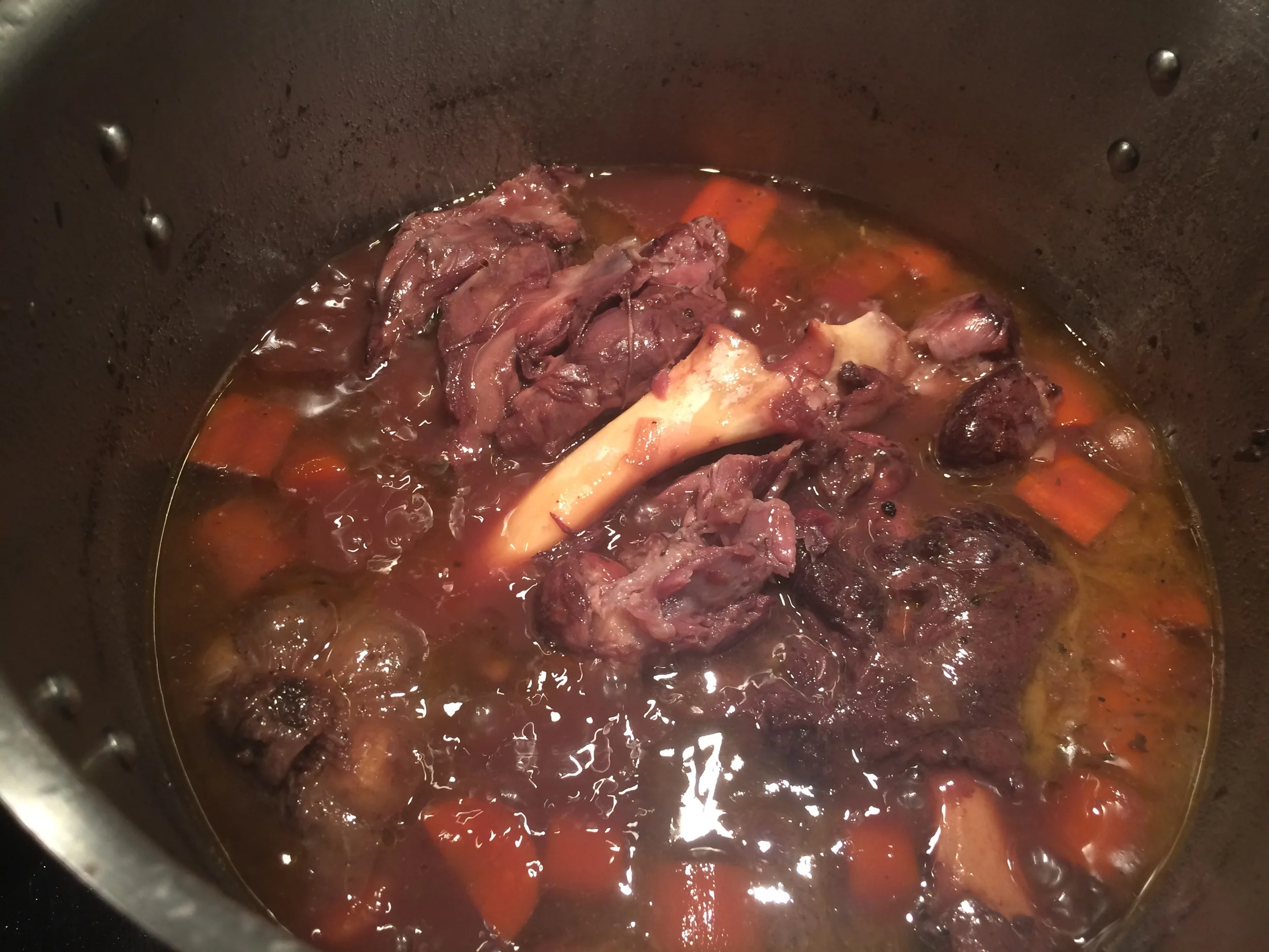 Cozinhe até que a carne se desprenda facilmente do osso. Na minha cozinha, isso levou 4 horas. 