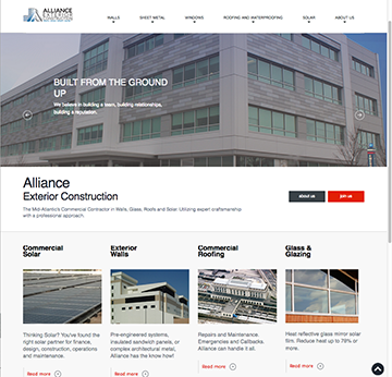 Alliance Exterior Construction Website, branding, brochures, sales collateral, signage, office graphics, printing and corporate identity.