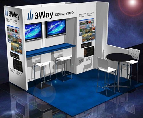 3Way Digital Video 5 panel trade show display, video, backdrop, tables, chairs and lighting