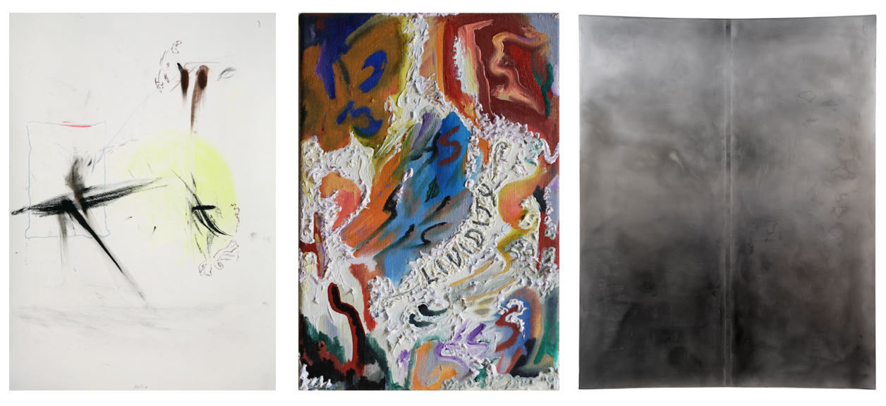 Abb. v.l.n.r.: Thomas Helbig, Homo Homini Lupus , 2007, 59.4 x 42 cm; Elif Saydam, L for Loyalty (Lividity) , 2018, 30 x 21cm; Sophie Reinhold, Untitled , 2018, 200 x 160 cm