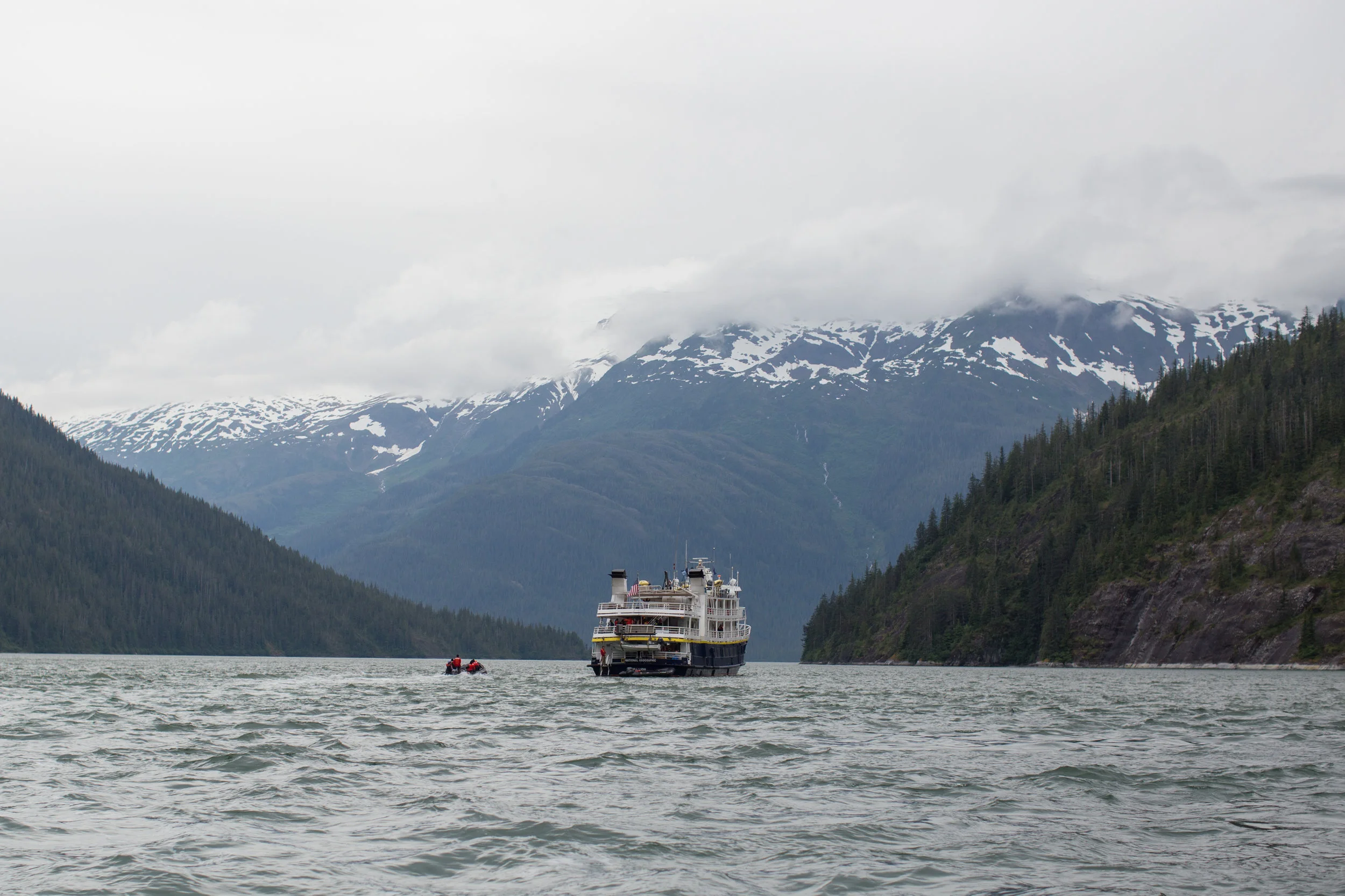 A small group of passengers on a zodiak approaches the Sea Lion in Alaska's Inside Passage.