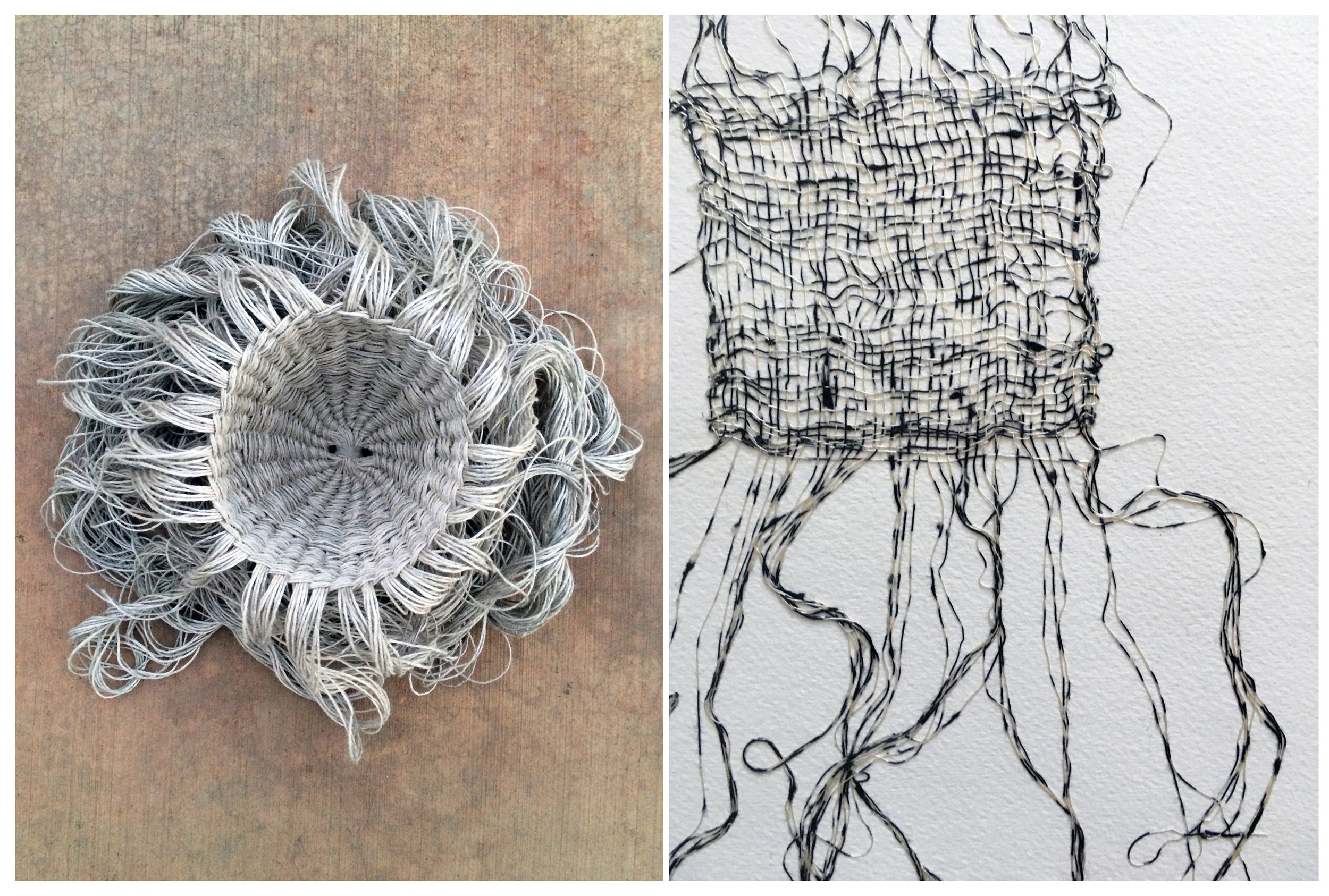 Deconstructed Cholla , 2016, linen, 8 x 6 inches, draping variable Desert Wayfarer II , 2016, cotton threads, 21 1/2 x 25 1/2 inches framed