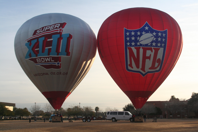 Inflated Superbowl hot air balloons.