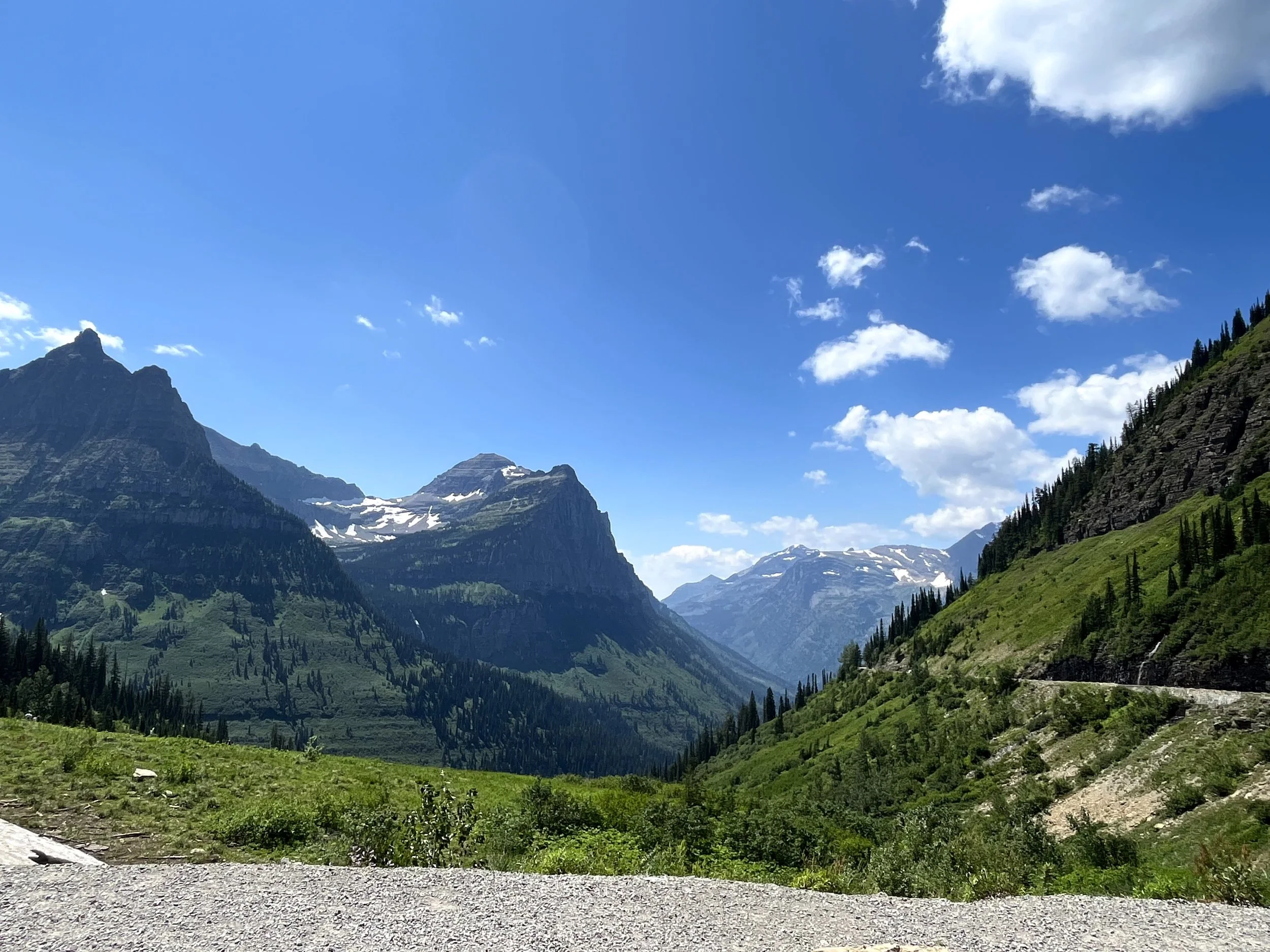 View from a Going-to-the-Sun Road pullout overlooking the mountains of Glacier National Park in Montana