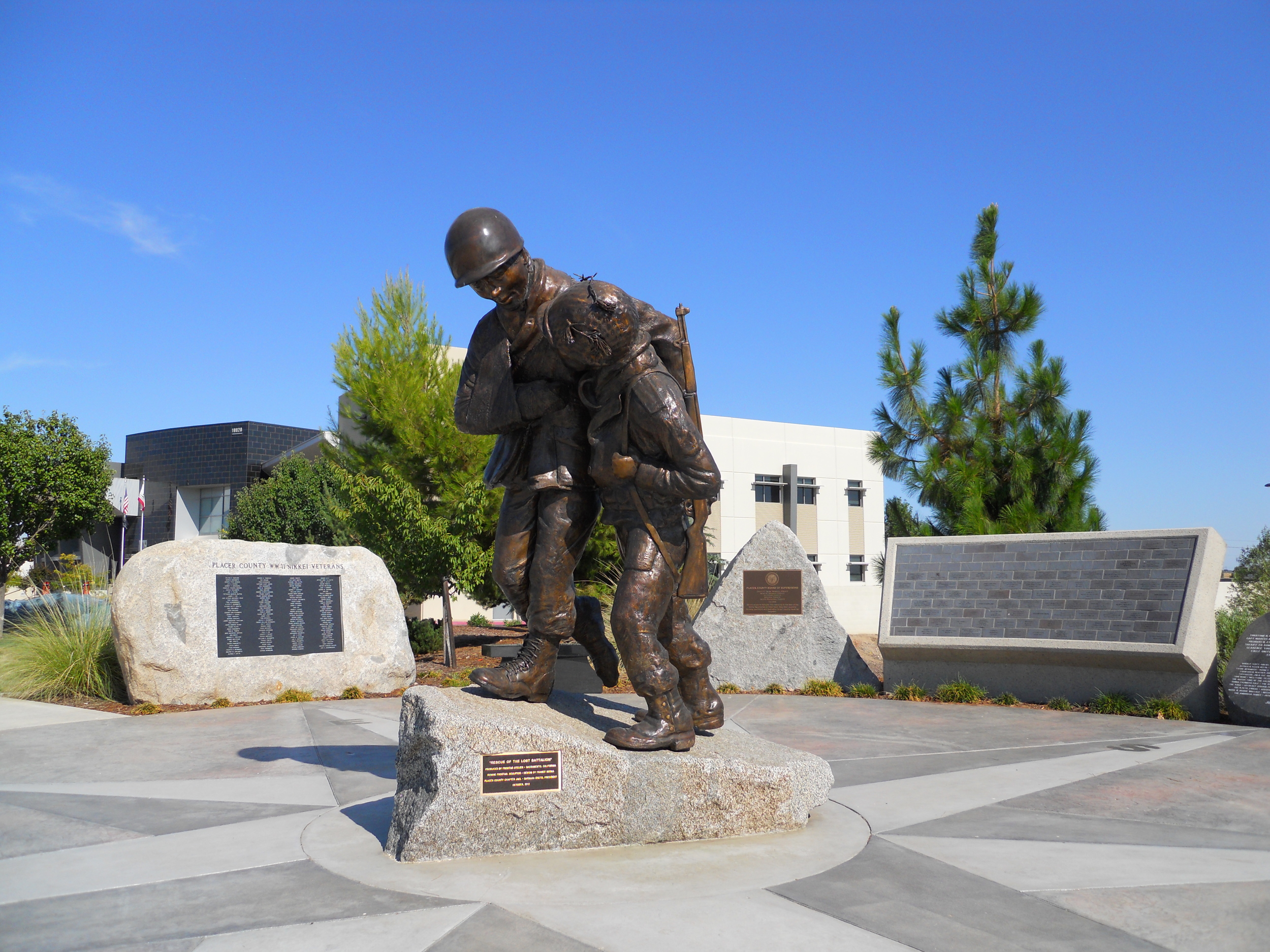 Inscription on the base of this statue: "Rescue of the Lost Battalion" Produced by Frostad Atelier, Sacramento, California. Ronnie Frostad, Sculptor. Design by France Borka. Placer County JACL; Barbara Oseto, President. October 2012.