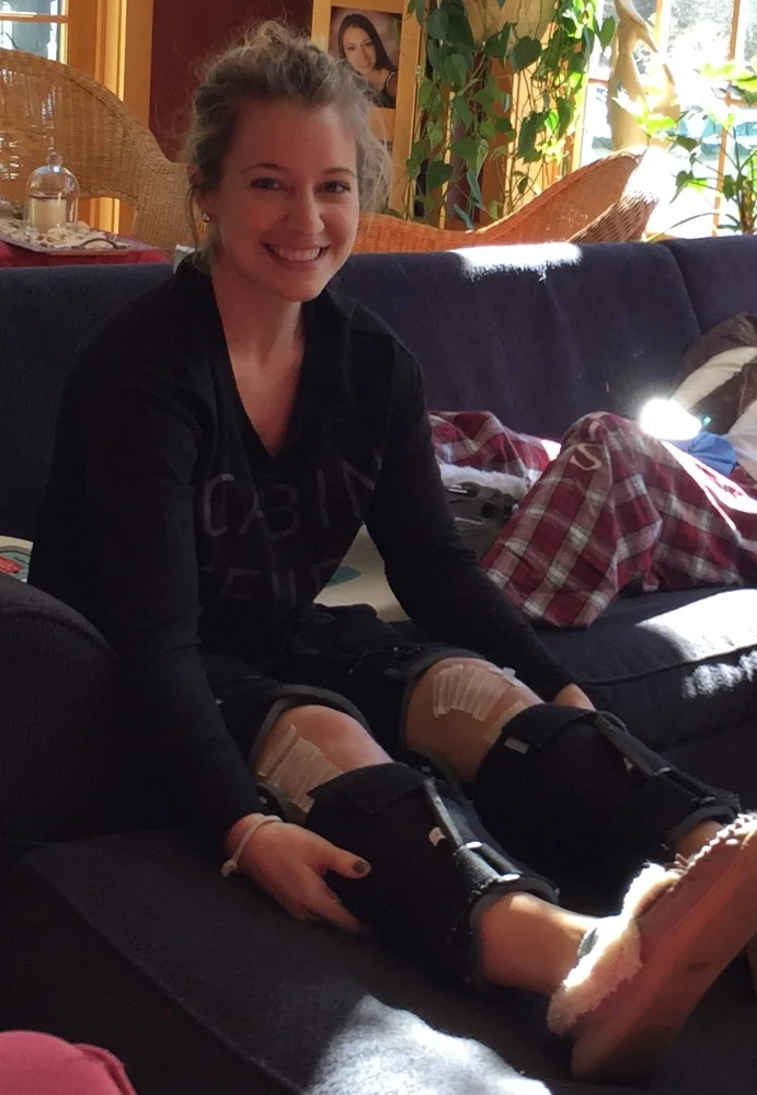 Jen with braces on her leg during recovery