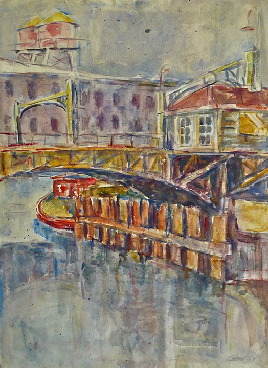     Bridge on Milwaukee River&nbsp;  (1954)      watercolor,&nbsp;  22" x 14"  