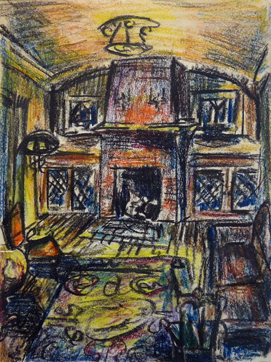     Living room in West Allis&nbsp;  (1953)      drawing and collage on paper,&nbsp;  12" x 10"  