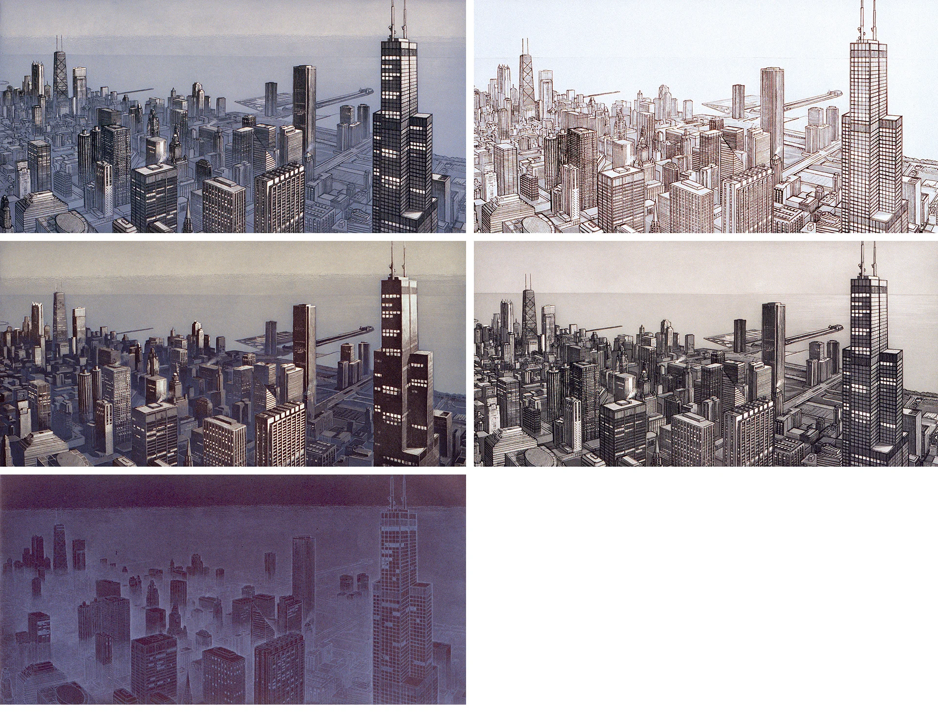 Chicago View (1990) Clockwise from top left: Haze, Morning, Day, Evening and Night Fog