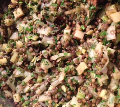 Fennel, lentils, onions, and herbs