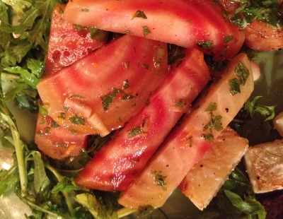 Beets and arugula with raspberry mint vinaigrette