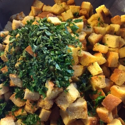 Cornbread dressing, ready to be mixed and baked. Happy Thanksgiving!