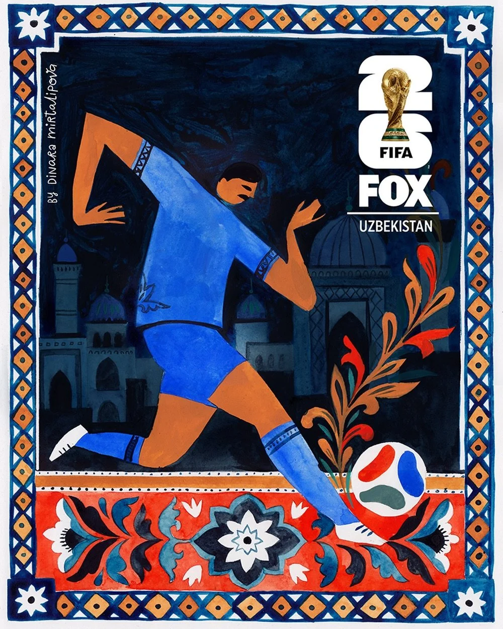 A recent commission for FOX Soccer @foxsoccer celebrating Uzbekistan&rsquo;s qualification for the 2026 FIFA World Cup. 💙🇺🇿⚽️

As someone who was born and raised in Uzbekistan, it was a special project to work on. I painted this poster by hand and