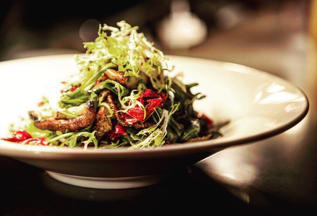 Cresta's Wine Tower & warm mushroom salad with grilled shitake, mixed greens, truffle vinaigrette. Photo (top) Chew Street (bottom) Cresta.