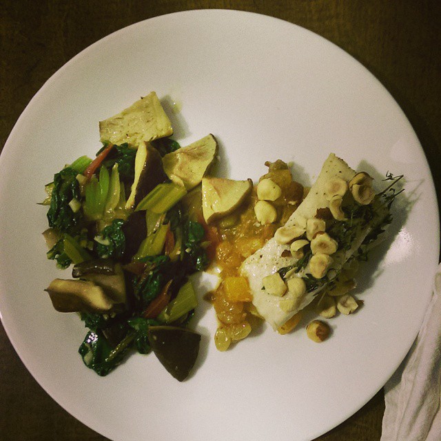 Halibut with Squash Compote and Chard with Shittakes