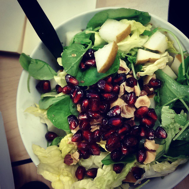 Watercress with turkey, pear, and pomegranate