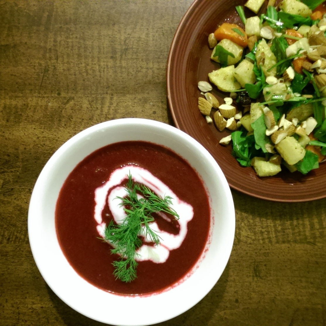 Beet Soup with Caraway and Roasted Vegetable Bistro Salad